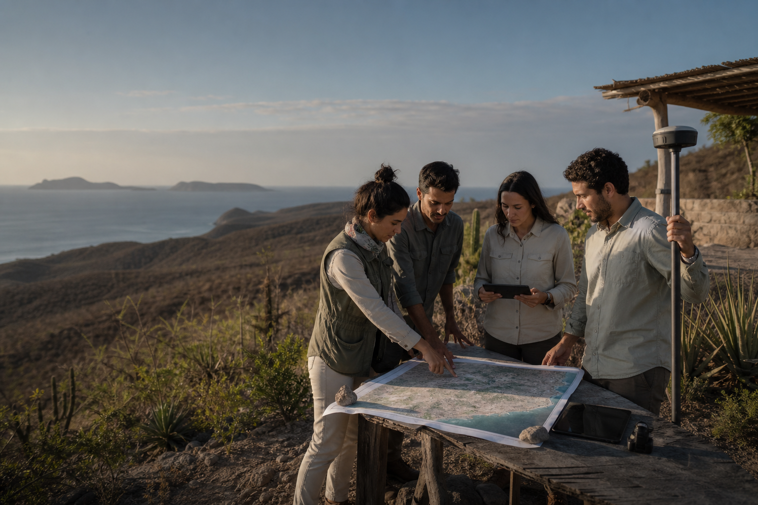 Equipo interdisciplinario revisa cartografía y datos de campo en un entorno costero